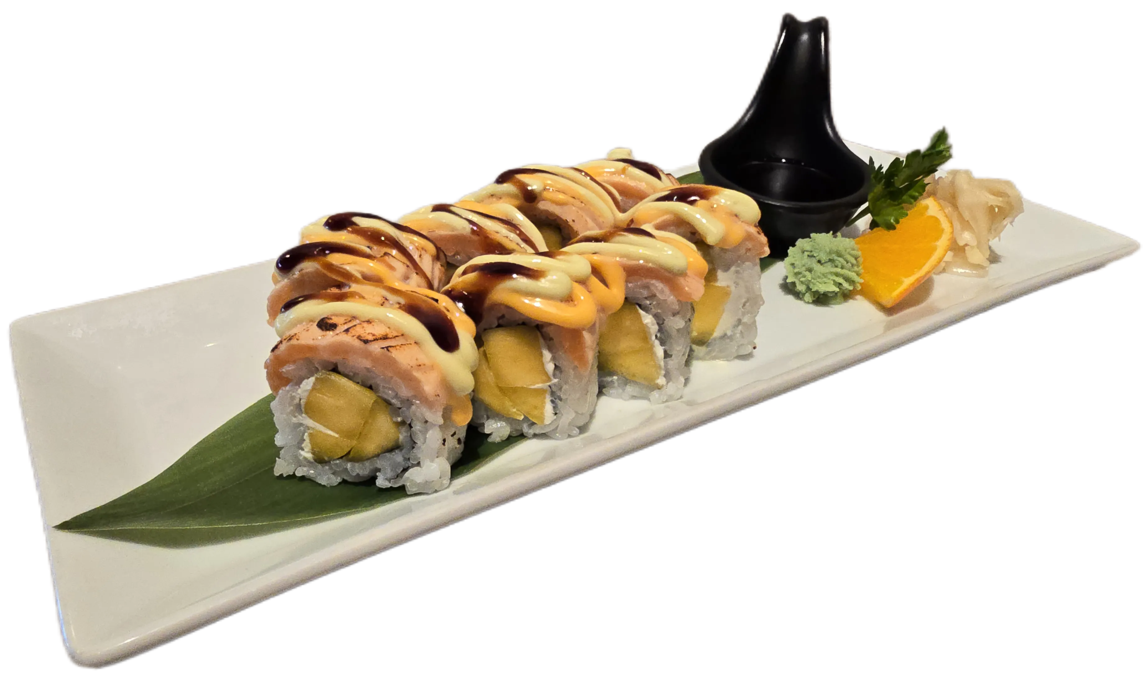 Maki 11 – makirull med grillet laks, mango og kremost toppet med teriyaki og chilimajones