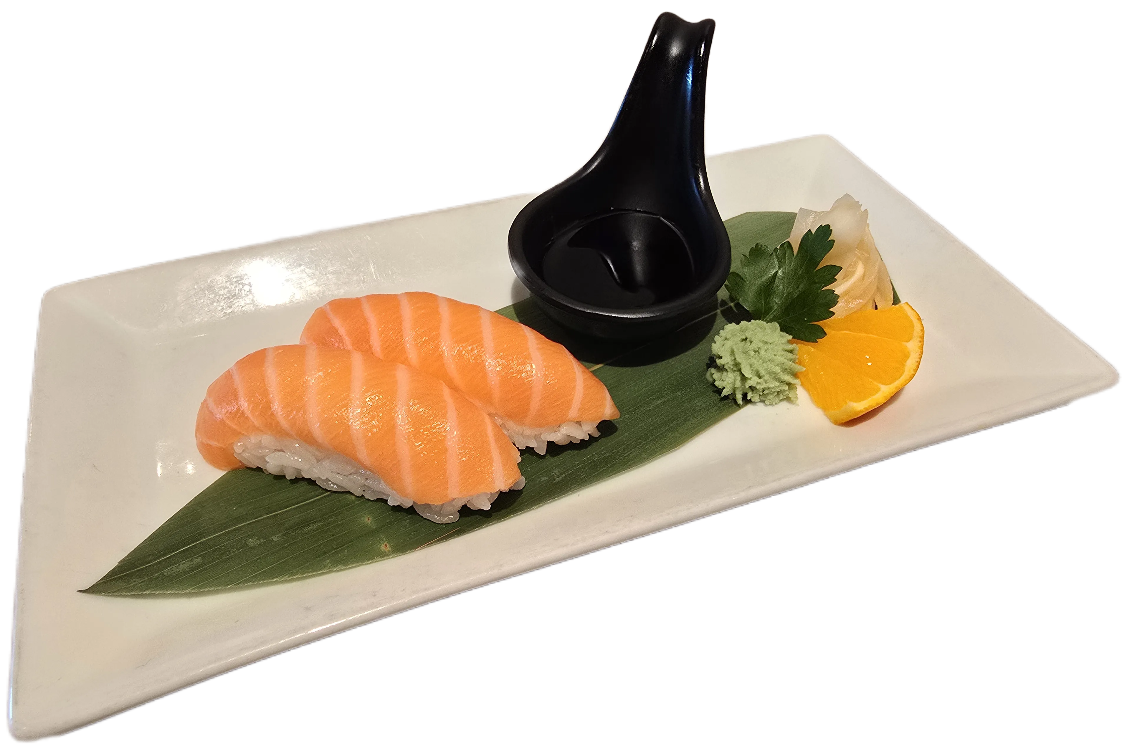 Nigiri 1 – fersk laks nigiri servert med wasabi og ingefær